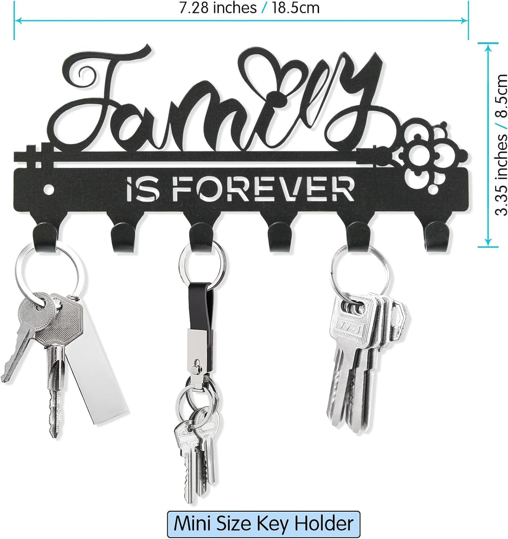 "Family Is Forever“Mini Key Holder Wall Mounted, Black Metal, 18.5x8.5cm