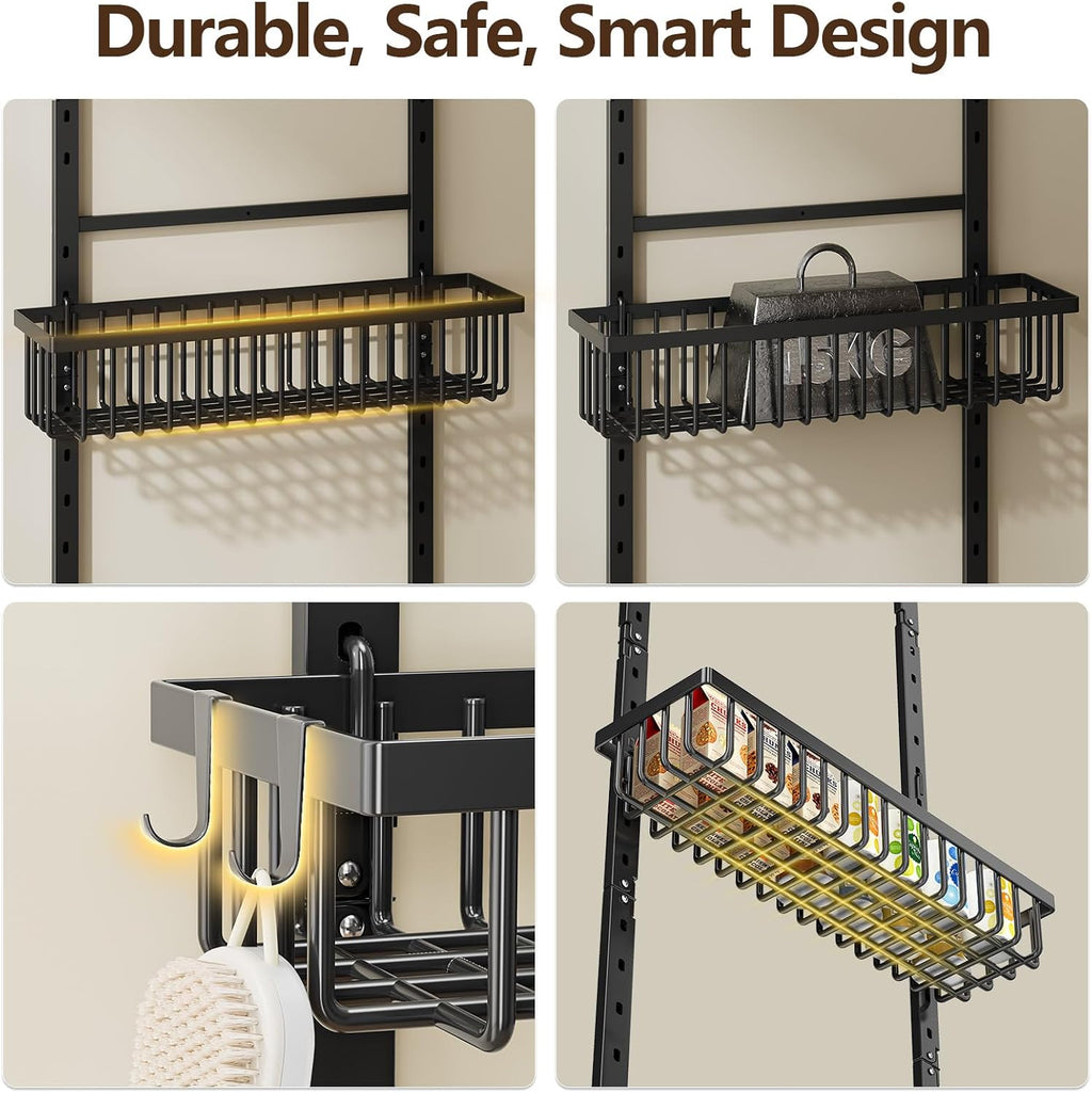 POKIPO 9 Tier Over The Door Pantry Organizer, 2 in 1 Wall Mount or Hanging Spice Rack with Adjustable Deep Basket, Heavy-Duty Seasoning Organizer and Storage for Kitchen Cabinet Closet Bathroom