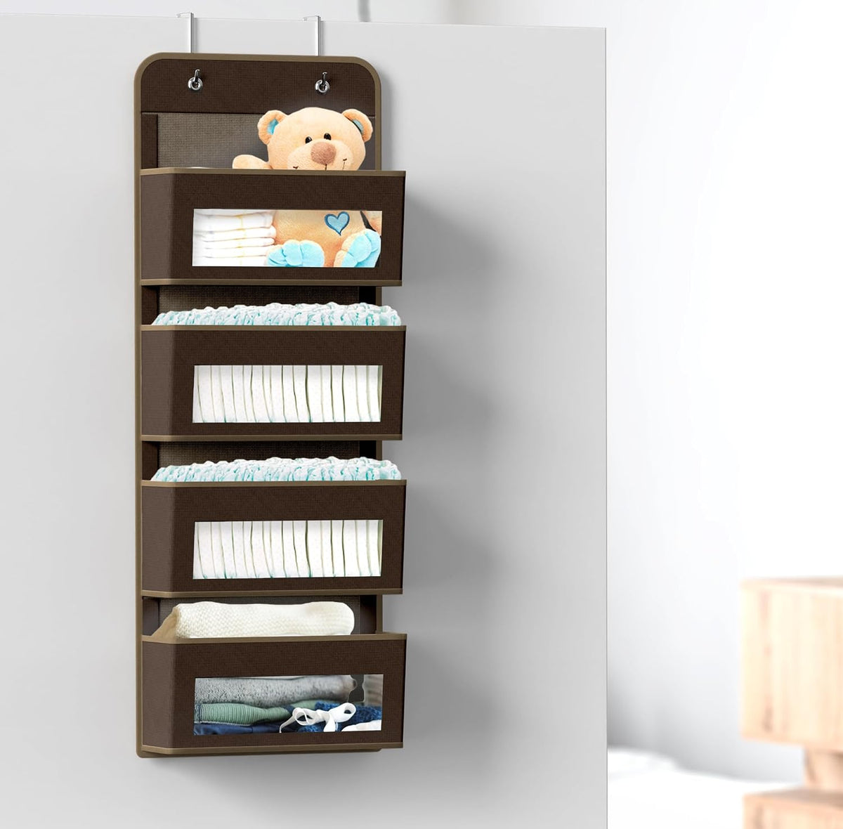 Simple Houseware 4 Clear Window Pocket Over Door Hanging Organizer, Brown