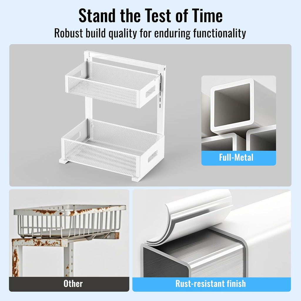 TISTAYA Full Metal Under Sink Organizer, Pull Out Cabinet Organizers and Storage, Silk-Smooth Sliding Drawer for Kitchen, Bathroom, Pantry, Cabinet, Closet (White, 2 Pack)