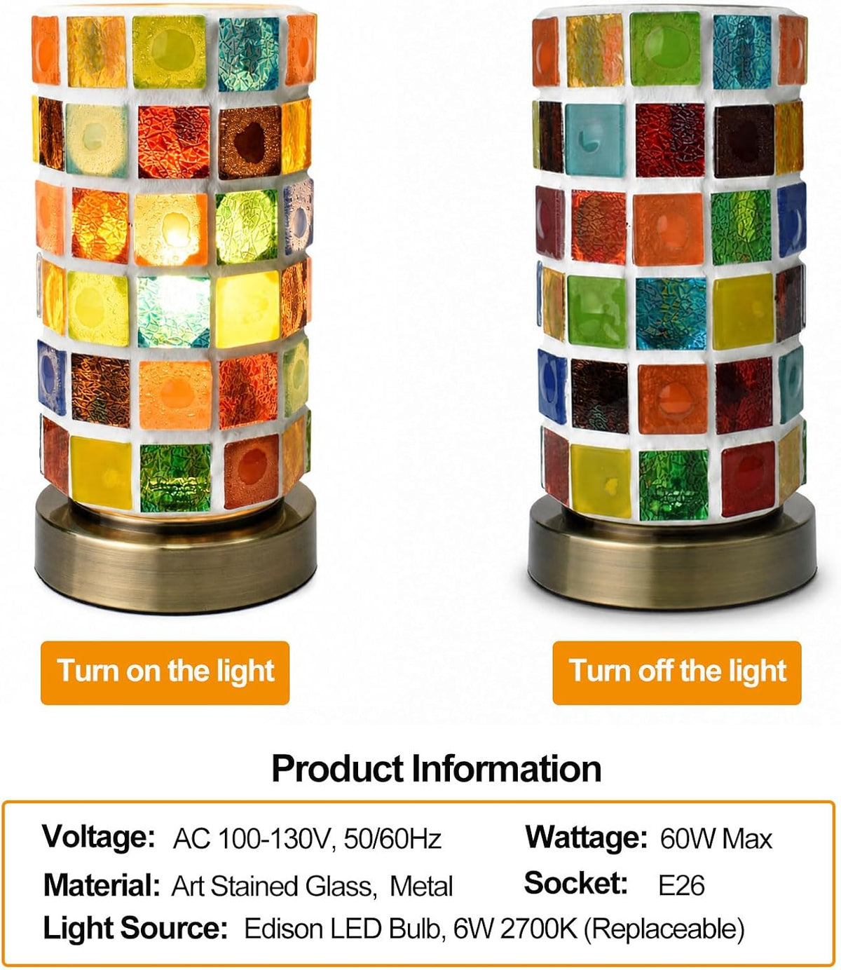 Mosaic Stained Glass Table Lamp for Bedroom Bedside, Bohemian Turkish Small Nightstand Lamp Night Light, Metal Base Round Colored Glass Shade Desk Lamp for Living Room Restaurant Bar (Bulb Included)