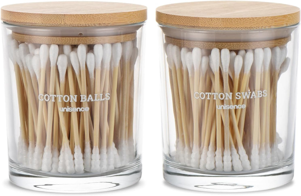 Glass Qtip Holder 2 Pack , Qtip Holder Dispenser Bathroom Set Bathroom Organizers and Storage Q tip Holder with Lid Makeup Storage Organizer for Cotton Swabs,Cotton Balls,Pads,Floss Picks Transparent