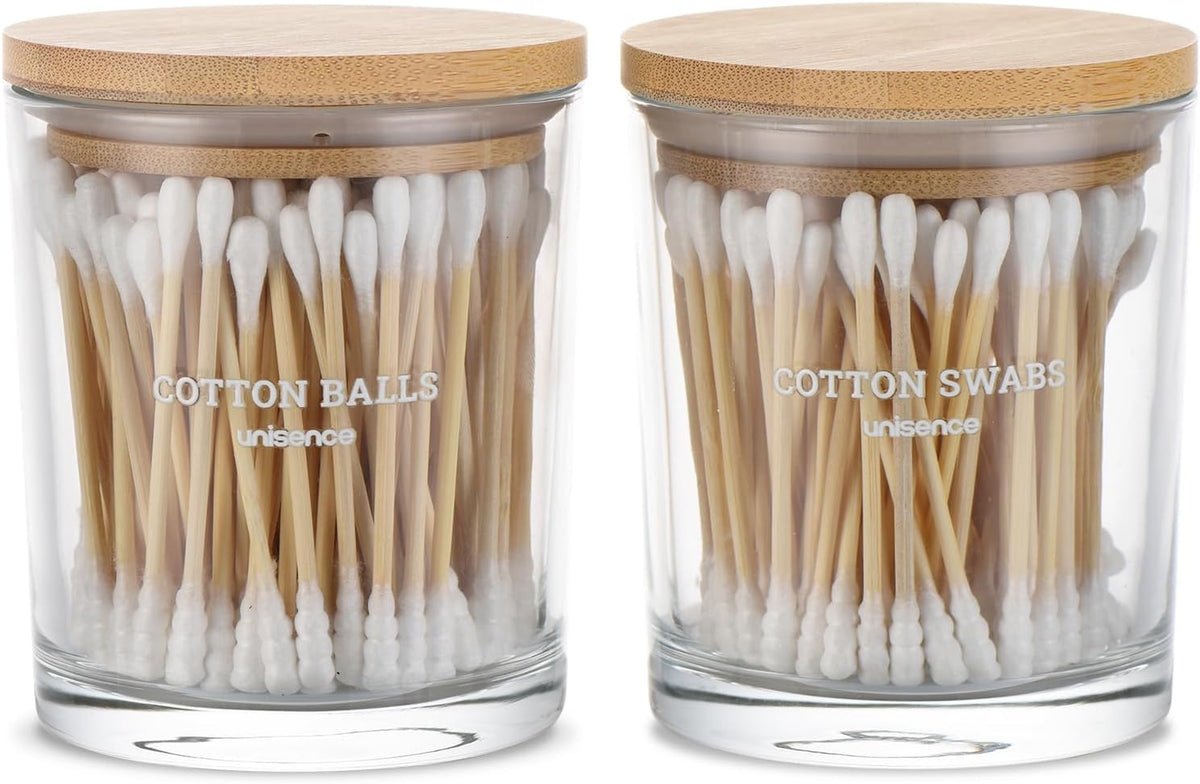 Glass Qtip Holder 2 Pack , Qtip Holder Dispenser Bathroom Set Bathroom Organizers and Storage Q tip Holder with Lid Makeup Storage Organizer for Cotton Swabs,Cotton Balls,Pads,Floss Picks Transparent