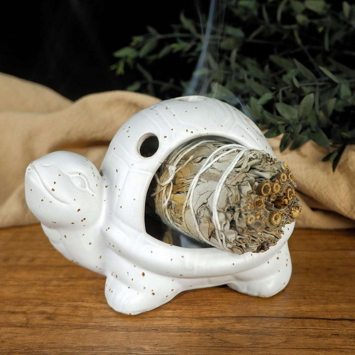 Mougigi Handcrafted White Ceramic Turtle Palo Santo Holder, Sage,