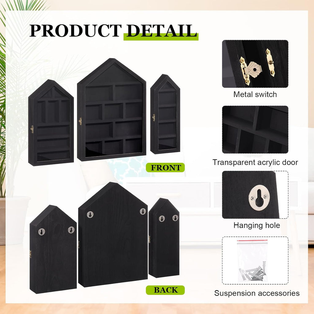 DoubleFill 3 Pcs Trinket Shelf Shadow Box, Black, House Shape