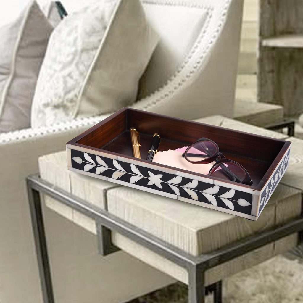 Handicrafts Home Bone Inlay Black Decorative Organizer Vanity Tray, 10x6