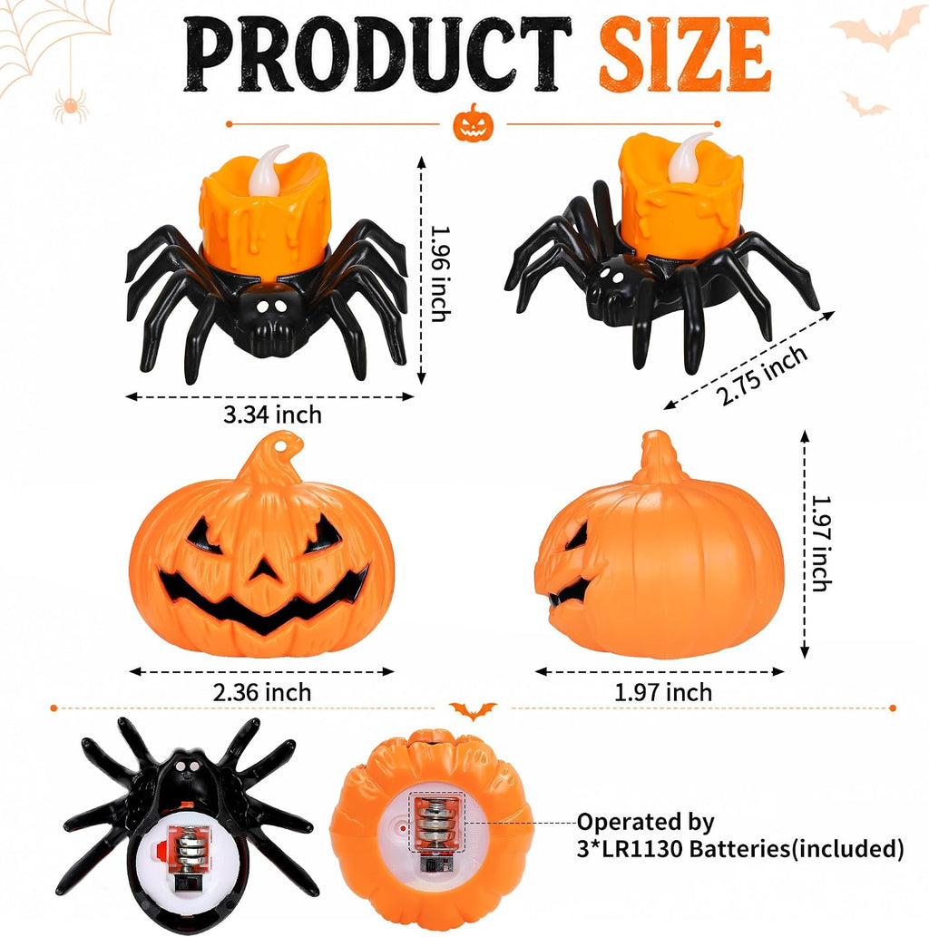8 PCS Halloween Spider Pumpkin Candles, Battery Operated Halloween Tea Lights Flameless LED Candles, Halloween Pumpkin Tealights Spooky Electric Flickering Candles for Home Party Decorations