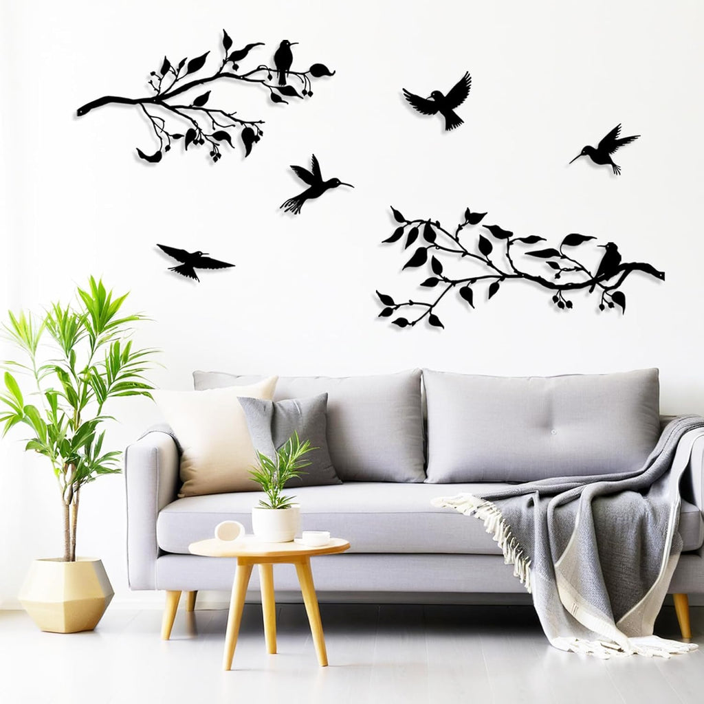Harikikochuu 4PCS Large Birds on Branch Metal Wall Art Decor,Black Leaves with Birds Silhouette Art Metal Leaves with Hummingbirds Outdoor Wall Decor for Livingroom Balcony Garden Patio Decor.