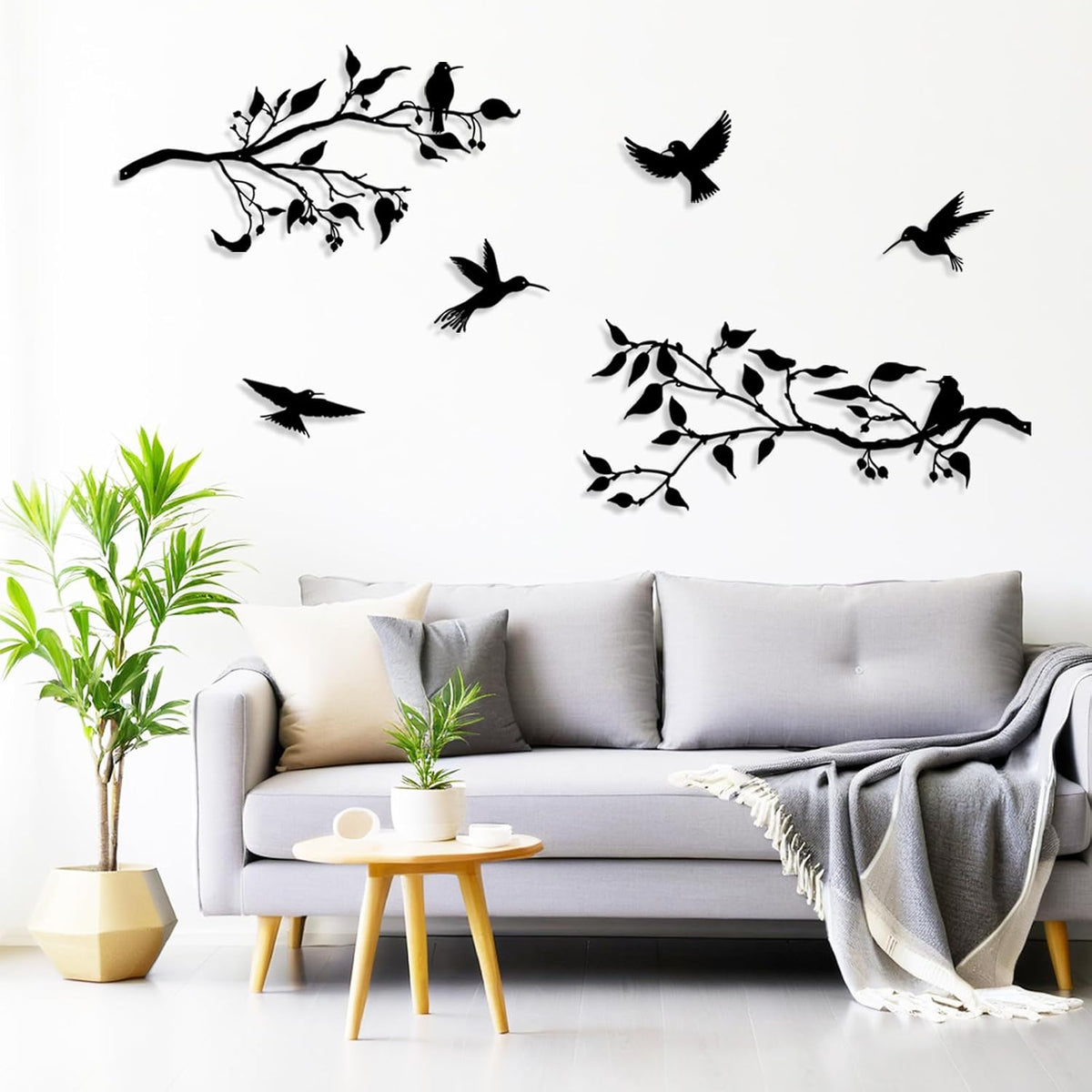 Harikikochuu 4PCS Large Birds on Branch Metal Wall Art Decor,Black Leaves with Birds Silhouette Art Metal Leaves with Hummingbirds Outdoor Wall Decor for Livingroom Balcony Garden Patio Decor.