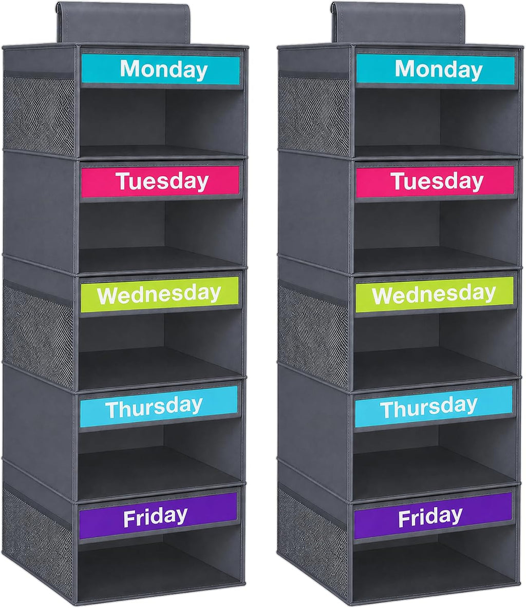 Weekly Clothes Organizer for Kids, Days of The Week Clothes Organizer with 6 Side Pockets, 5-Shelf Hanging Closet Organizer with Monday Through Friday Labels, Weekly Clothing Divider (Dark grey-2Pcs)