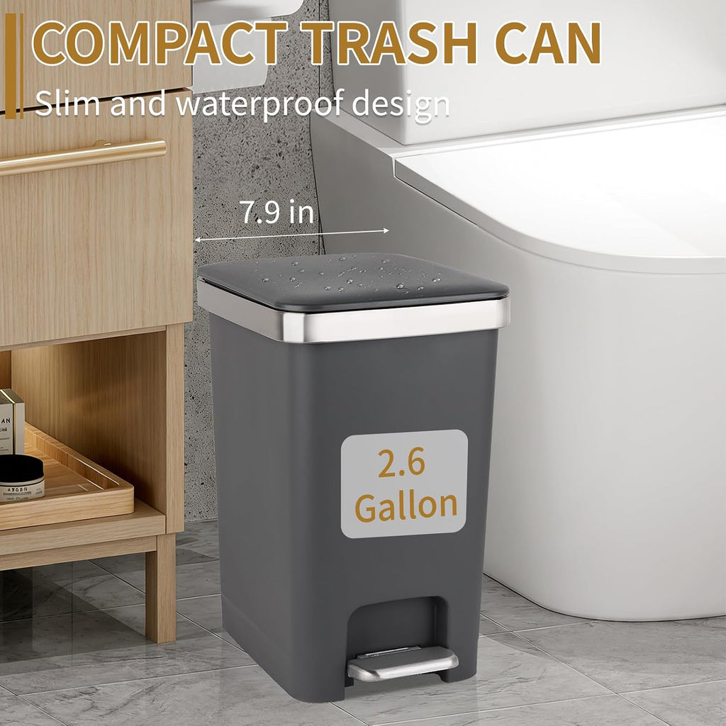 UUJOLY Small Bathroom Trash Can with Lid Step Pedal, 2.6 Gallon, Dark Grey