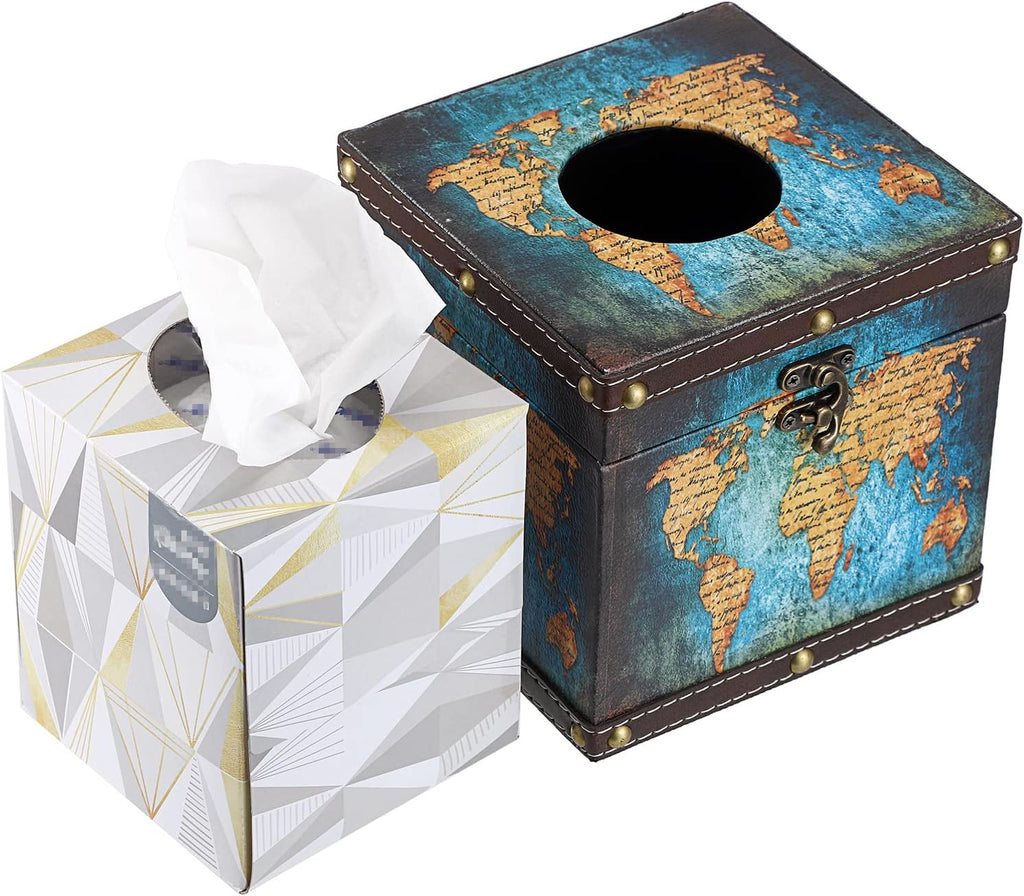 Sumnacon Retro Wood Square Tissue Box Cover - Vintage Cube Tissue Box Holder, Decorative Facial Tissue Holder for Bedroom Bathroom Dresser Night Stand Table Car Store Office Home Decor, Green