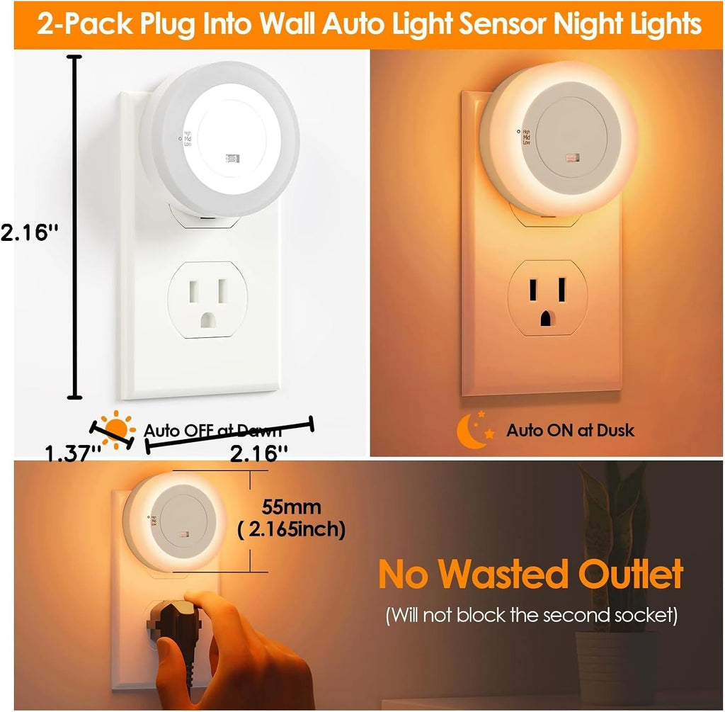 2-Pack LED Night Lights Plug in Dimmable with Sensor 2200K Amber White