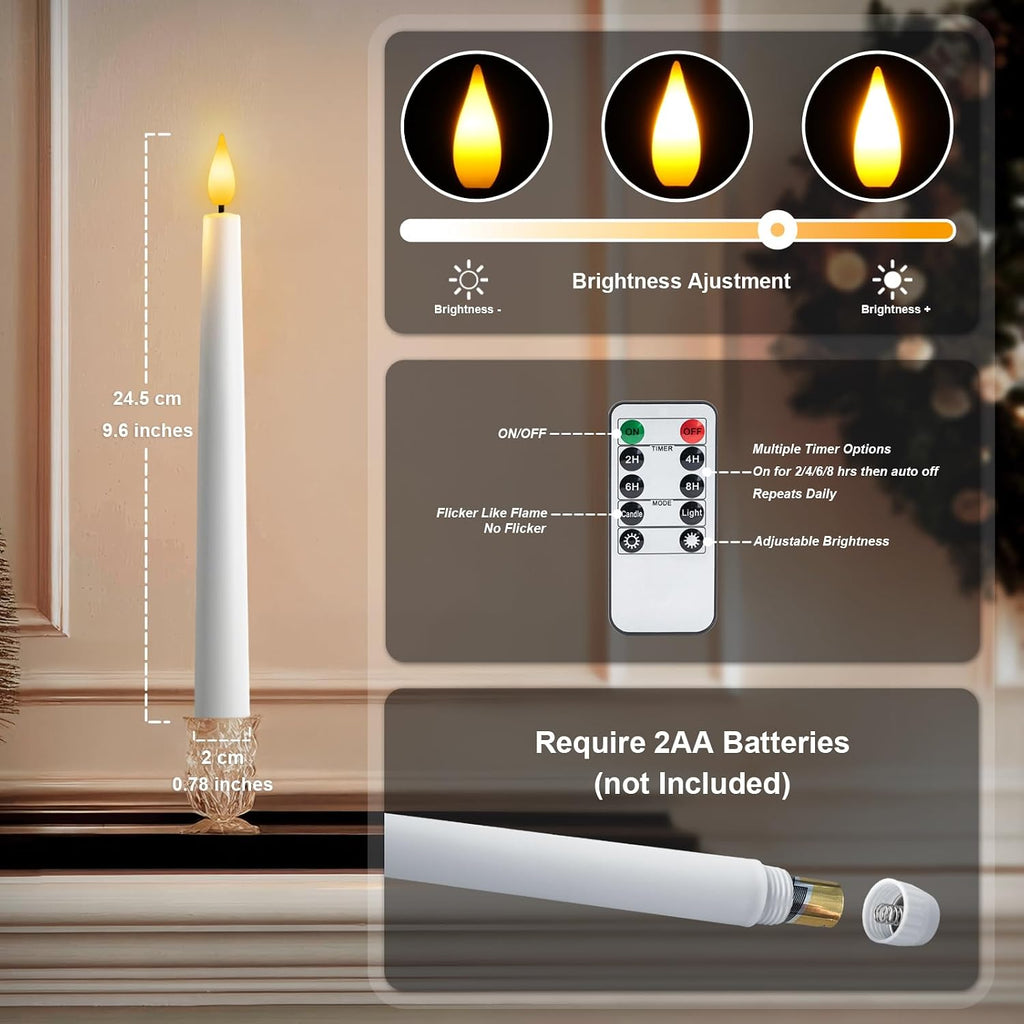 6 Pcs Flameless Taper Candles with Remote and Timer, 9.6 Inches Plastic LED Candlesticks, White Battery Operated Window Candles, for Home Wedding Christmas Party Decoration