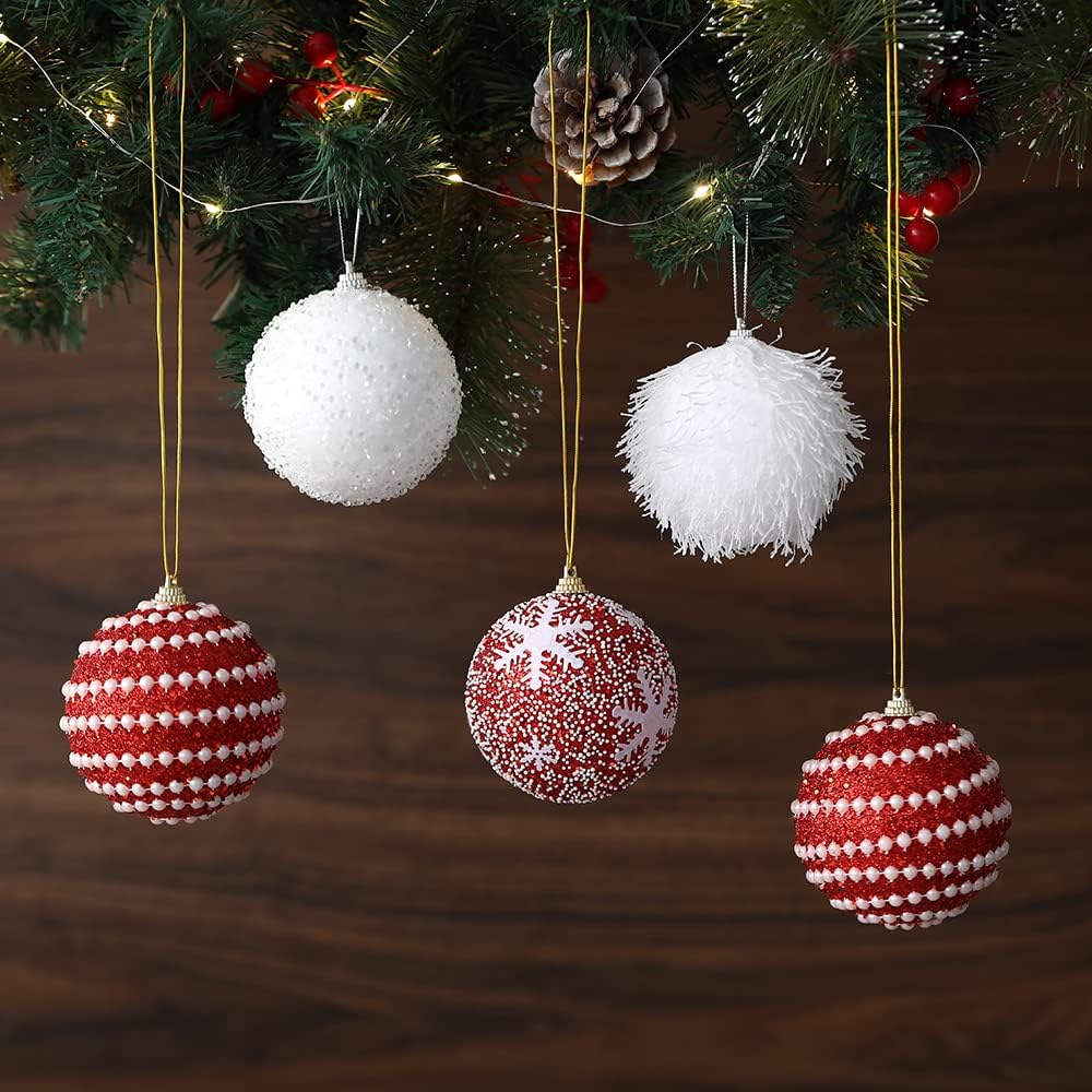 Christmas Tree Ball Ornament Set 16pcs 80mm/3.15inch Red White Glittering Shatterproof Foam Christmas Ball Ornaments Xmas Tree Decor Holiday Decoration
