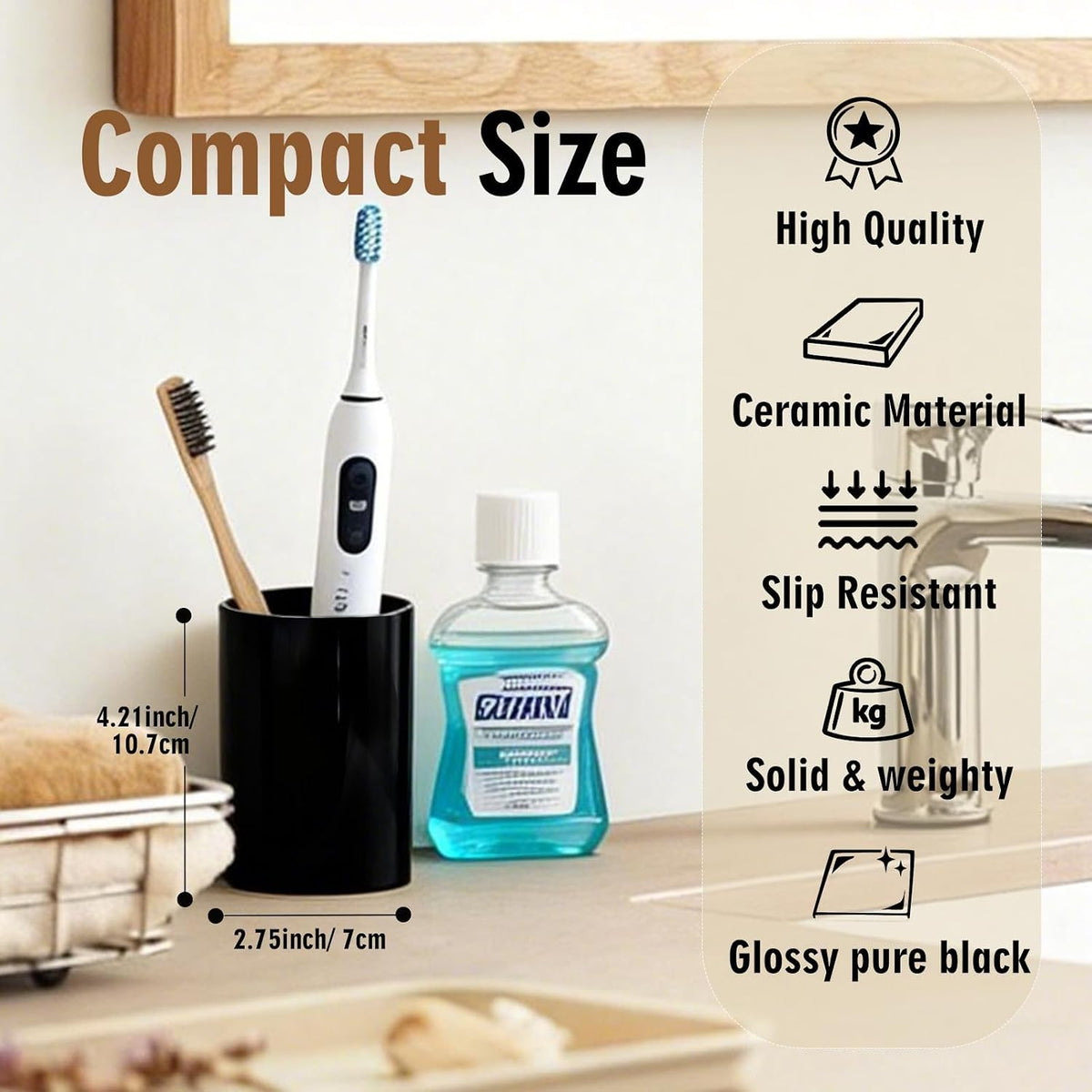 Glossy Black Ceramic Toothbrush Holders for Bathroom Countertop, 2 Pack