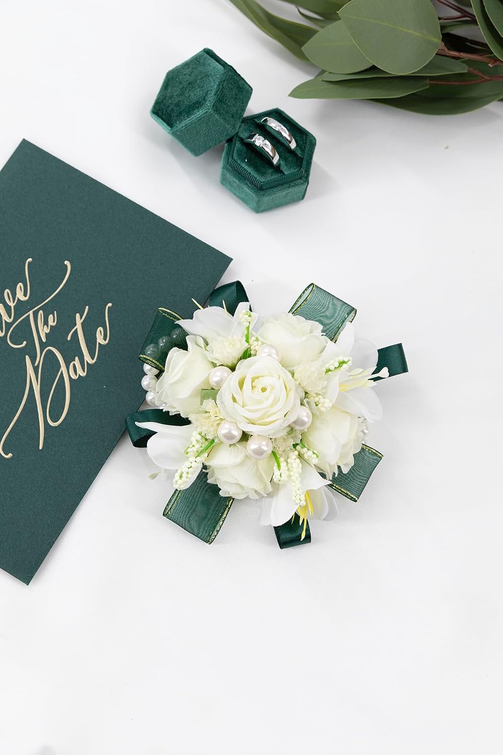 White Green Corsage and Boutonniere Set Prom Wrist Corsage Flower