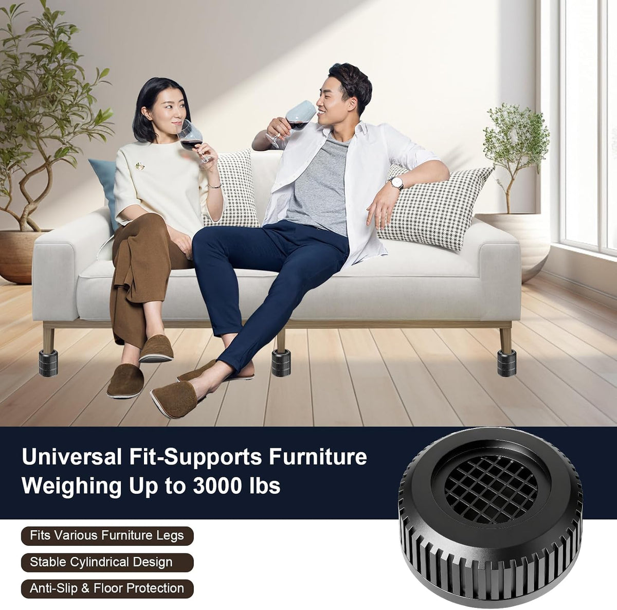 Round Bed Risers Furniture Risers – Heavy Duty Anti-Slip Adjustable(1.3" - 3.7" Hgt) Bed Lifts Riser for Desk, Table, Couch, Sofa, Chair, Refrigerator & Washing Machine (3.7 Inch, Black, 4 Pack )