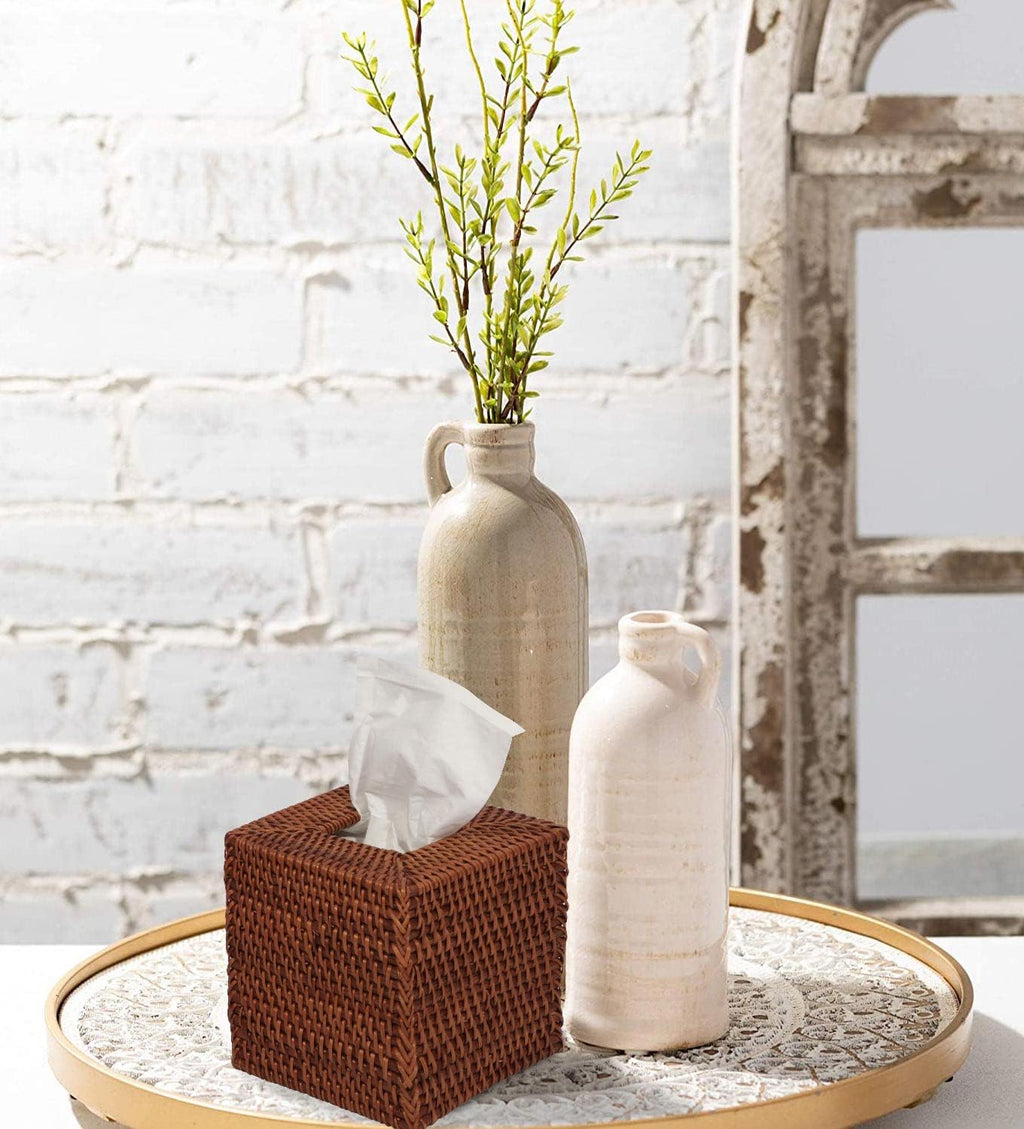 Livelab Natural Rattan Tissue Box Cover, Square Hand Woven Tissue Box Holder Tissue Box Case Organizer 5.5"X5.5"X5.7" Honey Brown