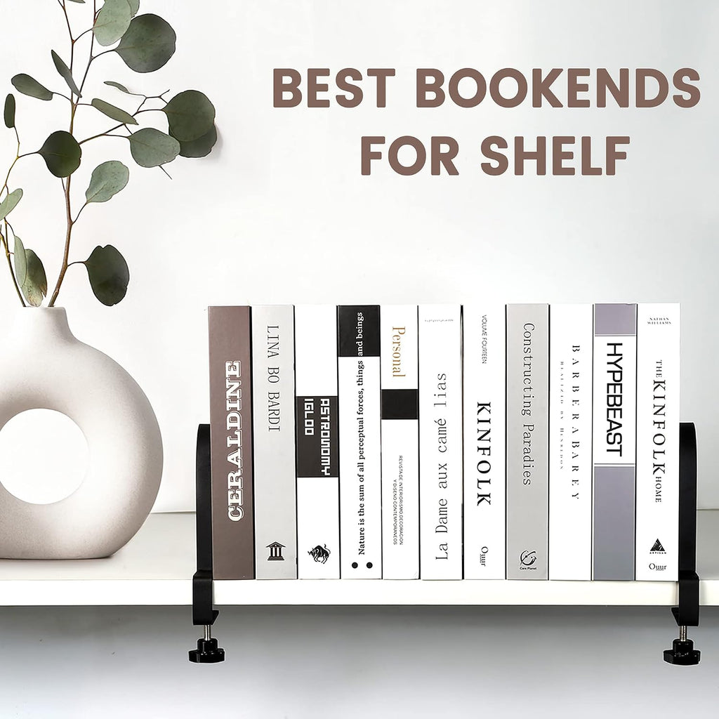 Metal Book Ends for Shelves - Heavy Duty Adjustable Bookends Clamped Metal Book Organizer Storage Holders, Non-Skid Bookends Stoppers