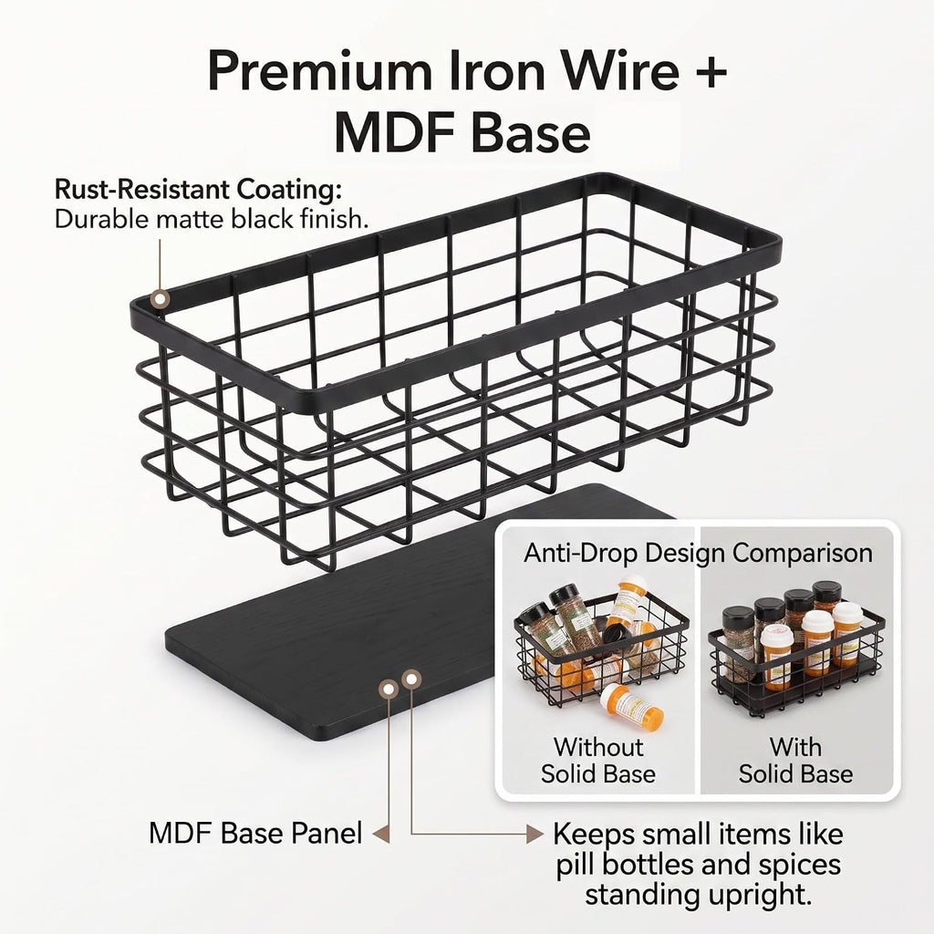 Small Metal Wire Storage Basket with Wood Base (Black+Black, 4 Pack)