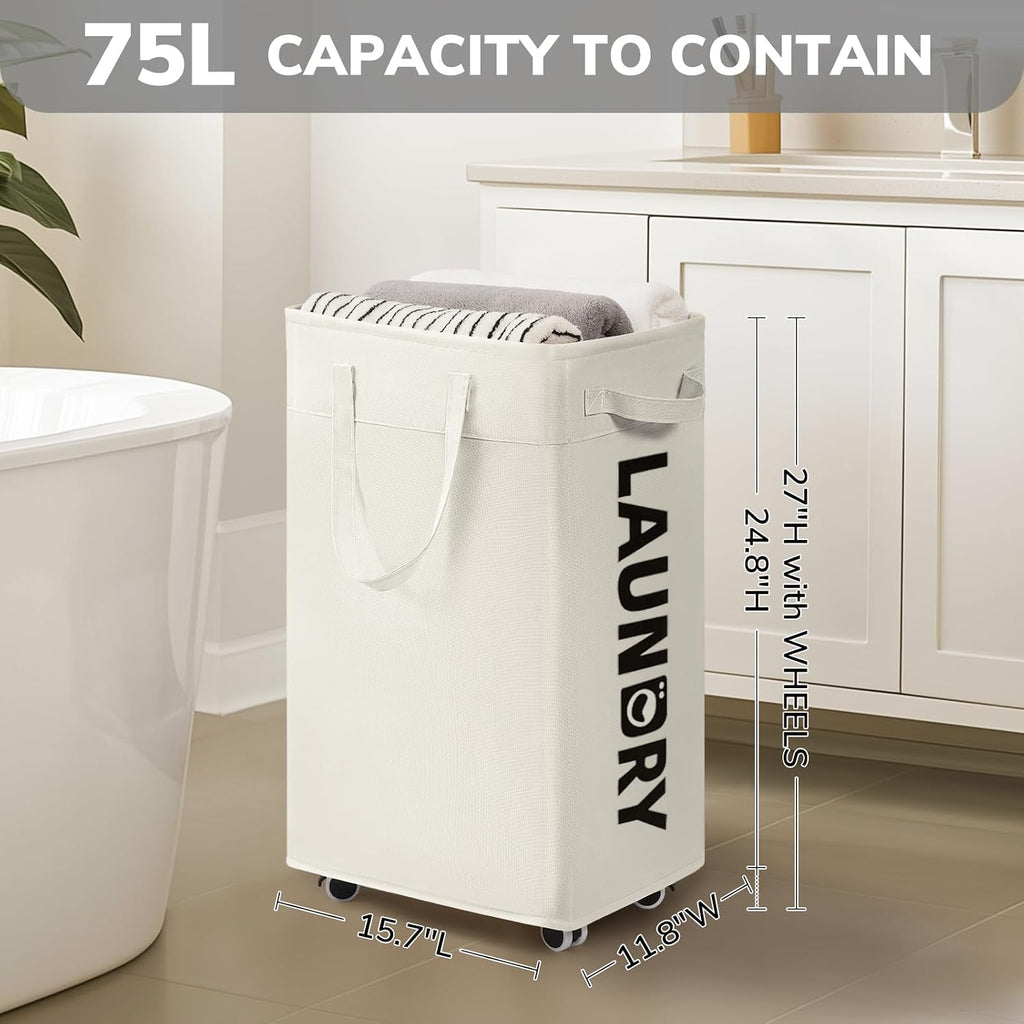 CHICVITA 75L Laundry Basket with Wheels & Handle 2-Pack, Wash Bags, White