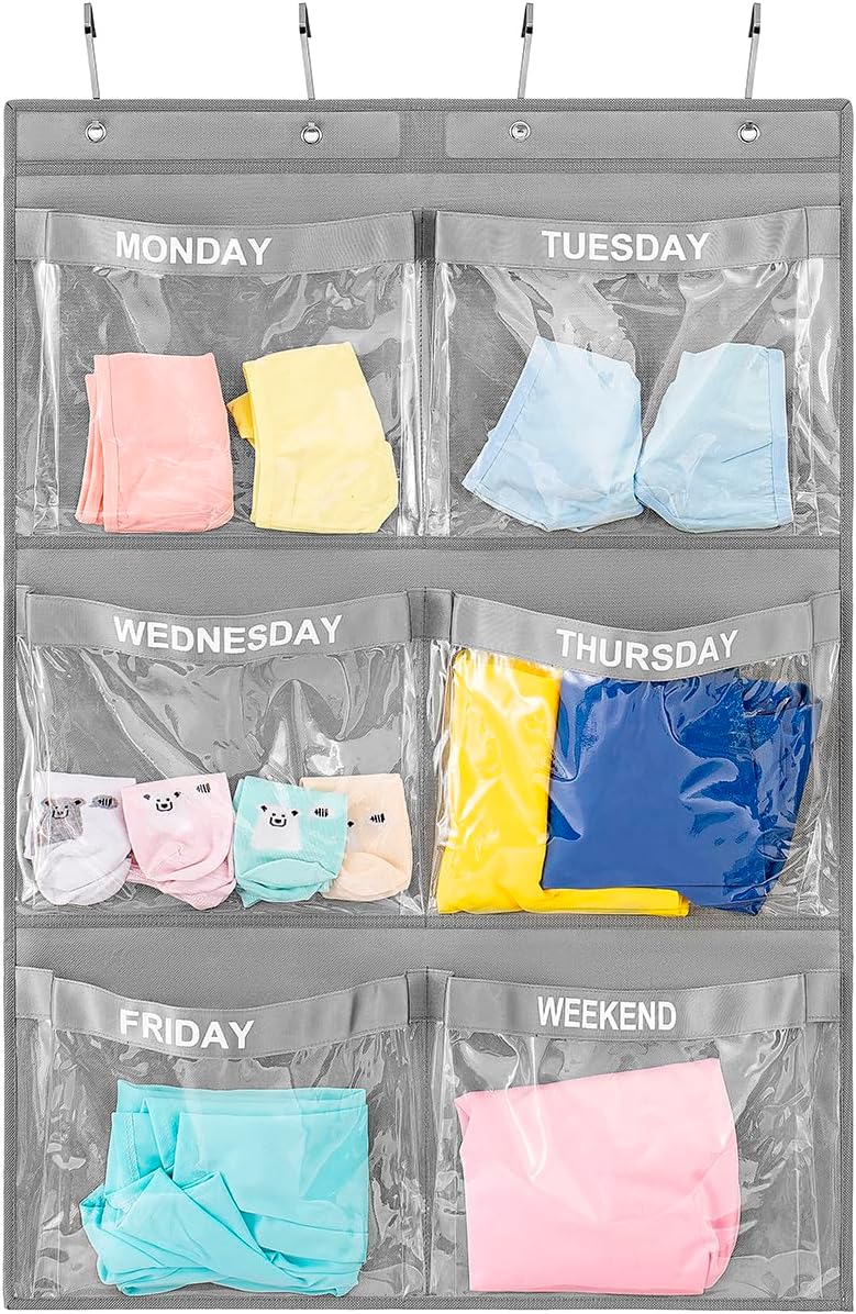 Weekly Clothes Organizer Day of Week School Clothing Storage Hanging Closet Organization for Kids Monday to Weekend (GREY)
