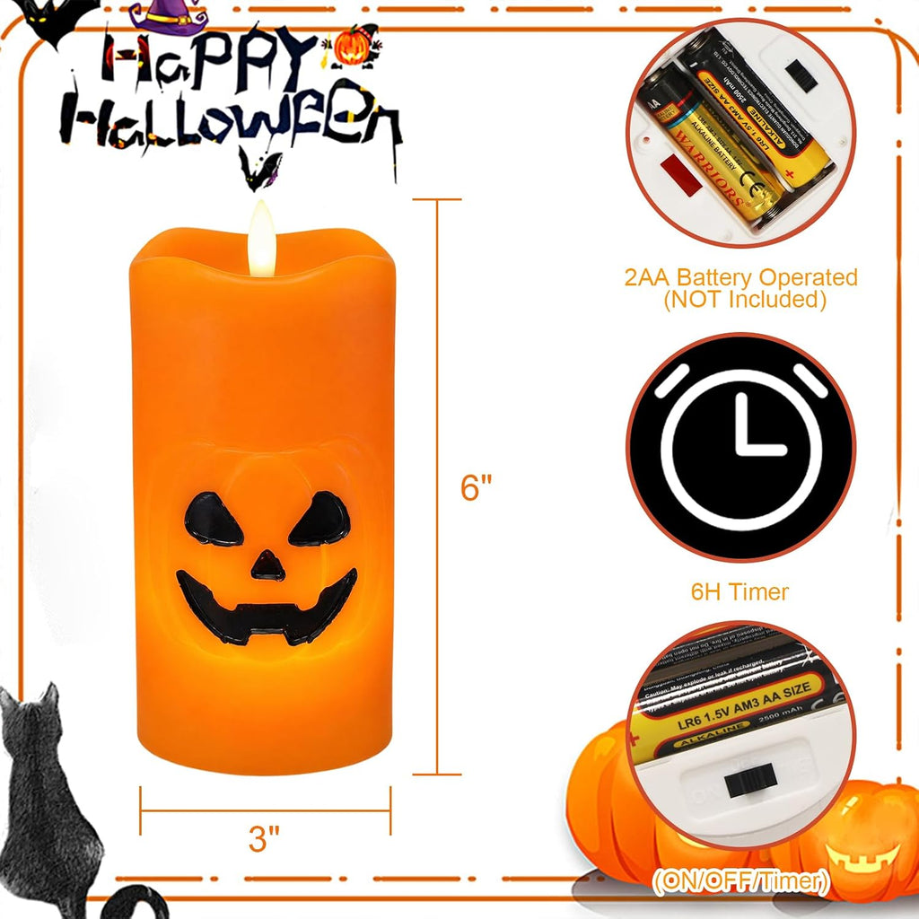 Eldnacele Halloween Pumpkin Flameless LED Pillar Candles with 6 Hour Timer