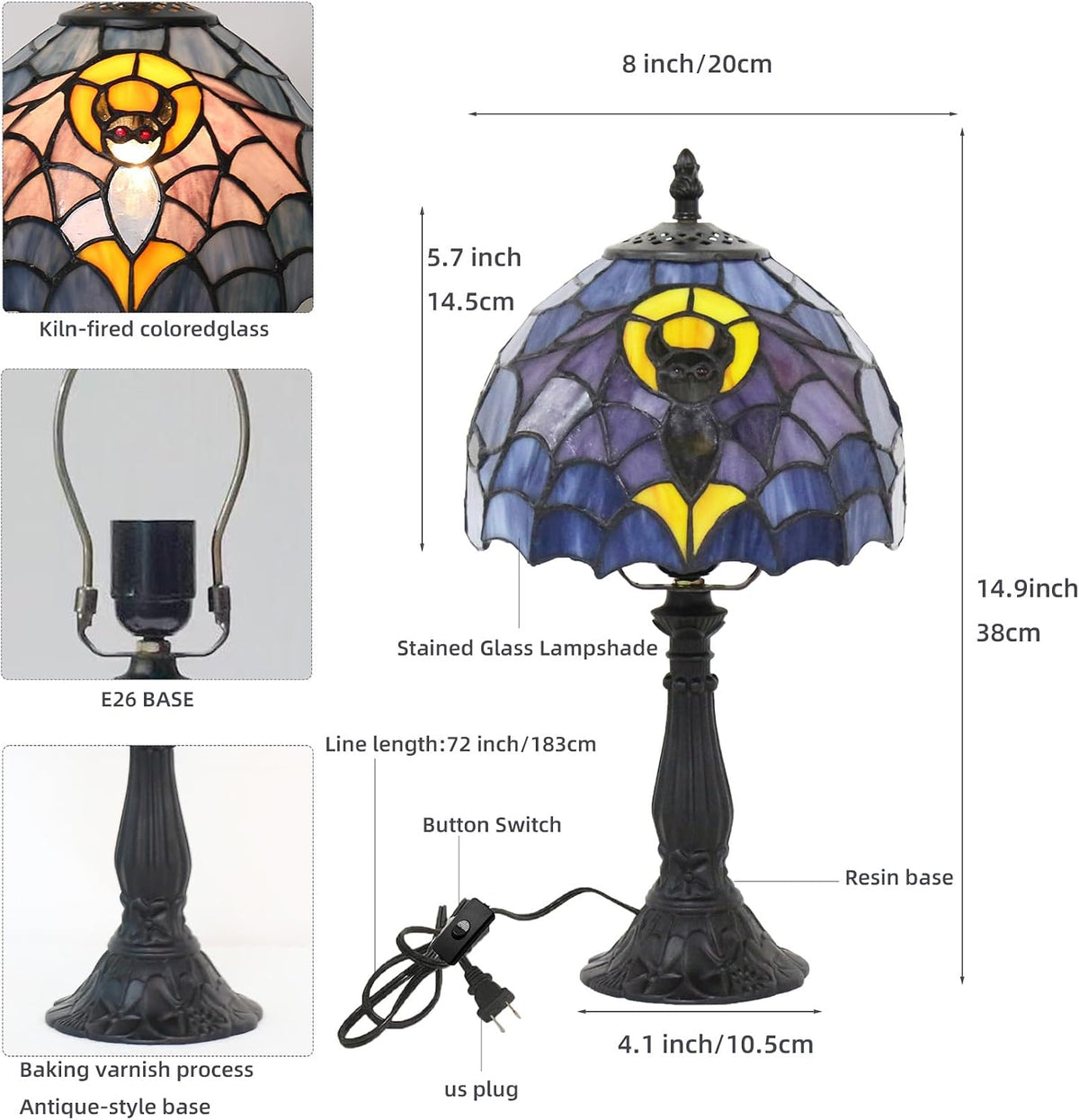 Tiffany Table Lamp,Stained Glass Bat Desk Lamp(8x8x15inch)