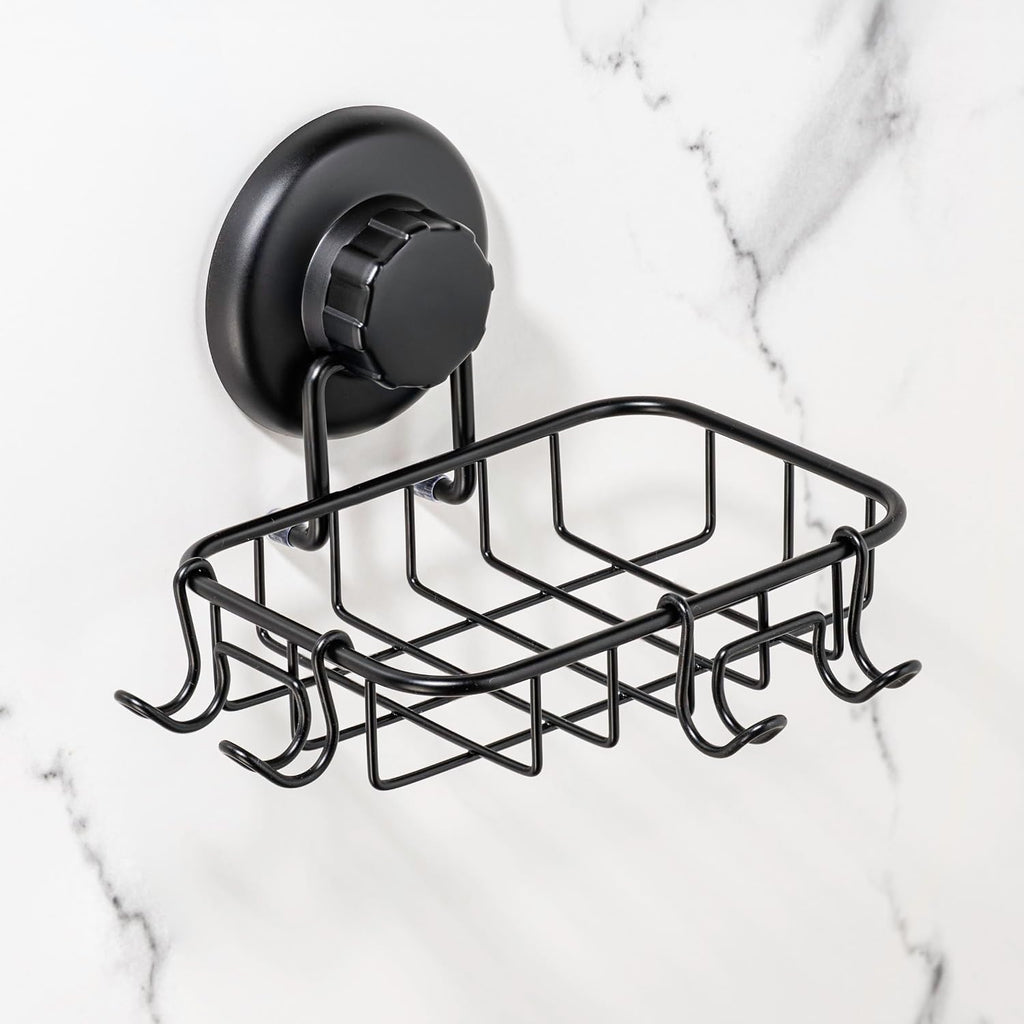 HASKO 2 Pack Suction Cup Soap Dish for Shower Wall, Rustproof Stainless Steel, Shower Soap Holder with Hooks, Includes Optional No Drill Adhesive Mount for Bathroom, 2 Soap Savers, Black
