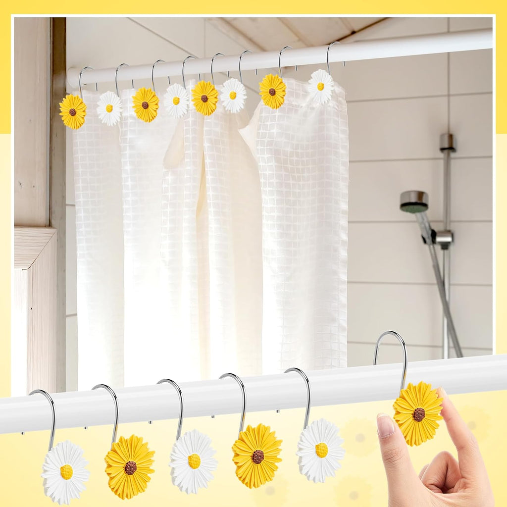 Yungyan 12 Pcs Daisy Flower Shower Curtain Hooks Sunflower Shower Curtain Rings 2 Colors Floral Decorative Hanger Hooks for Summer Wedding Living Room Bedroom Bathroom Restroom Decor