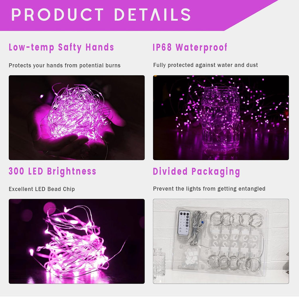 Pink Fairy Curtain Lights for Bedroom - 300 LED 9.8x9.8 Ft Battery Operated String Lights with Remote, 8 Modes USB Plug-in - for Pink Room, Party, Bedroom Decoration