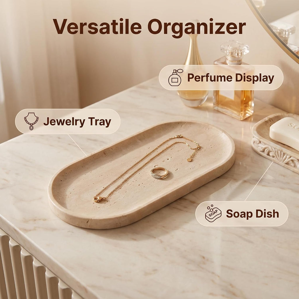 Travertine Bathroom Vanity Tray, 12"x6" Decorative Marble Tray for Kitchen Countertop, Elegant Stone Catchall Organizer for Perfume, Jewelry and Soap