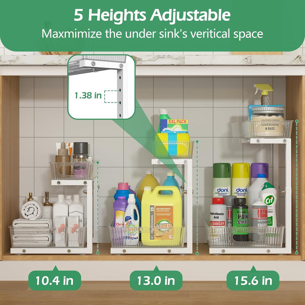 ADRIMER Under Sink Organizer 2 Packs, Pull Out Kitchen Sink Organizer, 2 Tier Slide Out Kitchen Organizers and Storage Bathroom Under Cabinet Storage Shelf, Transparent & White