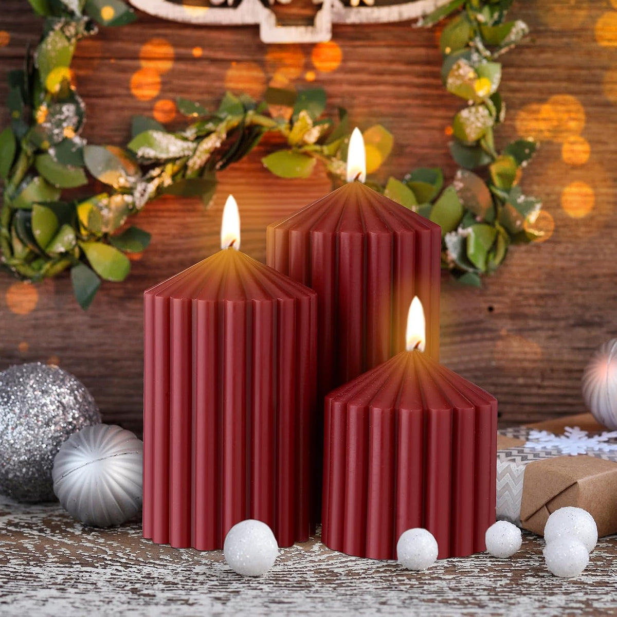 Set of 3 Christmas Ribbed Pillar Candles Soy Wax, 3 Heights, Dark Red