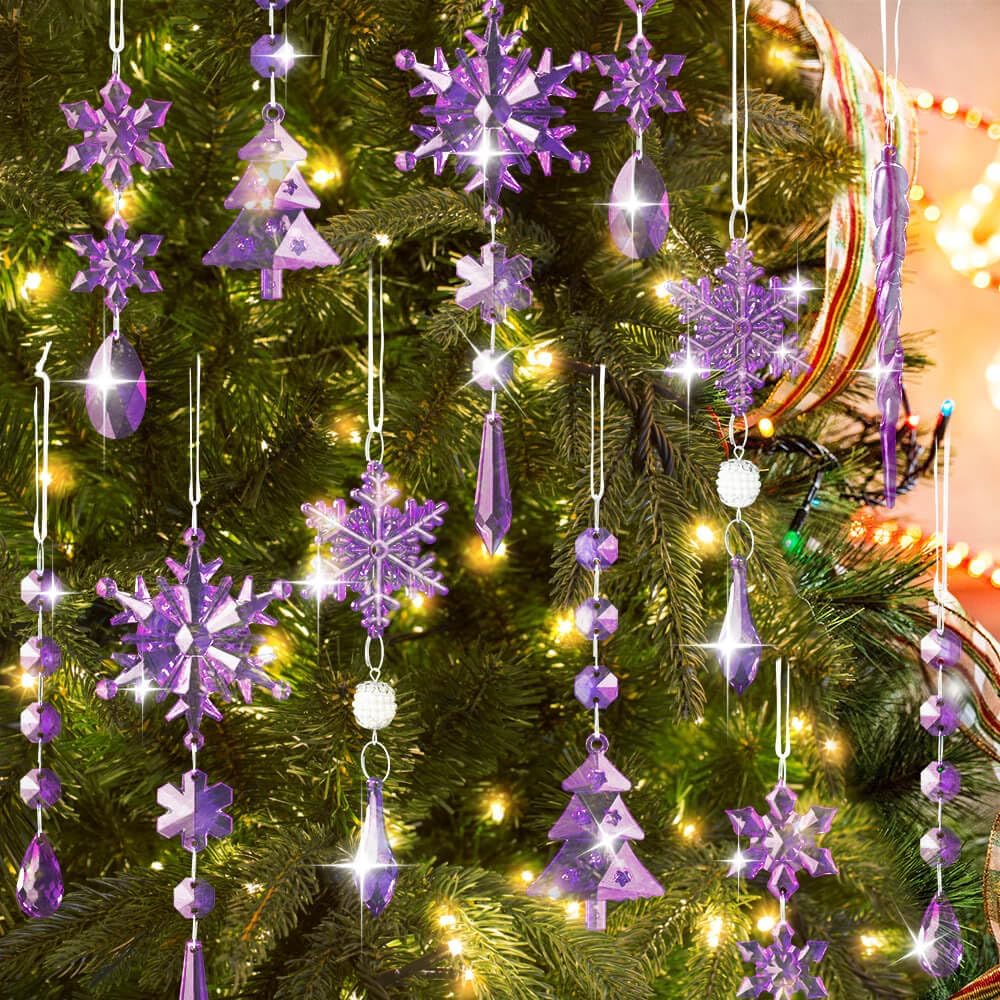 Lanpn 26 Pcs Christmas Ornaments Crystal Christmas Tree Decoration, Hanging Clear Acrylic Snowflake Icicle Drop Pendants for Xmas Winter Outdoor Indoor Party Decoration Purple