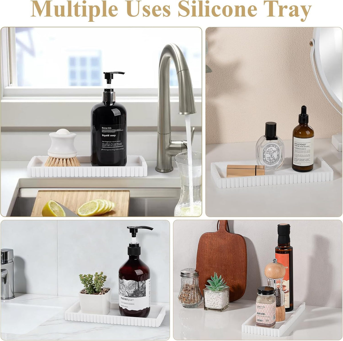 Silicone Bathroom Tray Small Vanity Tray Kitchen Counter Decor, White