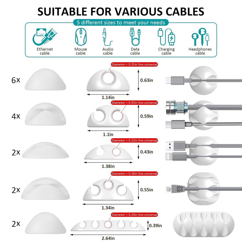16Pack White Desk Cable Management, Adjustable Cord Organizer Clips