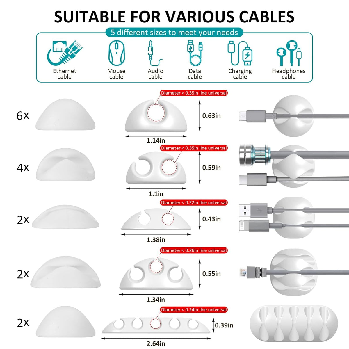 16Pack White Desk Cable Management, Adjustable Cord Organizer Clips