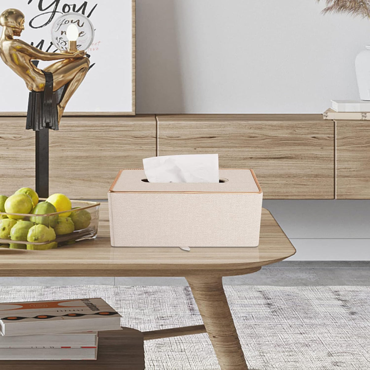 Fashion Leather Tissue Box Holder,Rectangular Tissue Box Cover for Bathroom Dresser Night Stand,Napkin Box Drawer Paper Dispenser,Home Office car Tissue Holder with Magnetic Bottom (Beige)