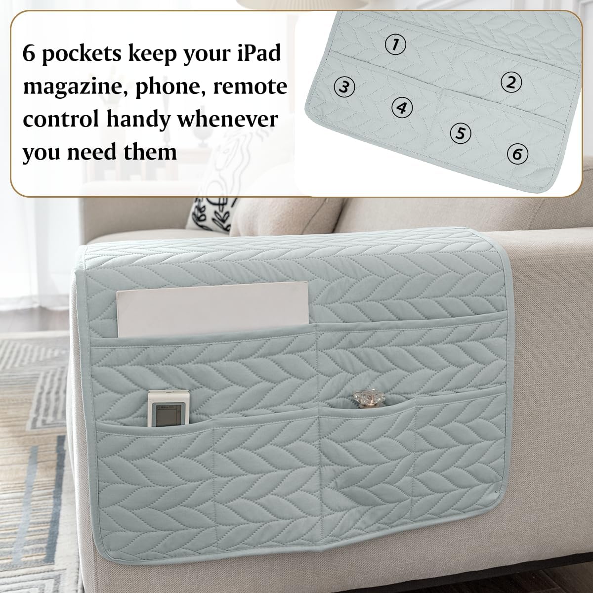 Remote Control Holder for Recliner, Sofa Armrest Organizer with Non-Slip Base, Tv Remote Holder Couch Caddy Armchair Caddy Bedside Organizer with 6 Pockets for Magazine, Tablet, Phone(Grey)