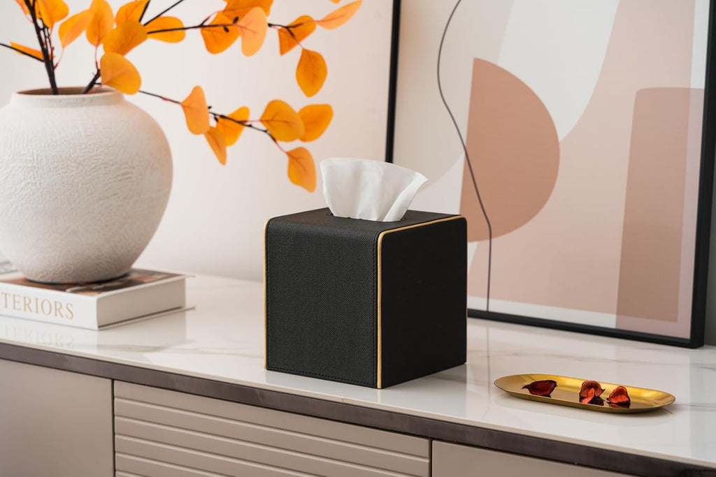 Ukwell Square Tissue Box Cover Linen-Textured Faux Leather Tissue Holder with Gold Trim Modern Home Decor Piece for Home & Office