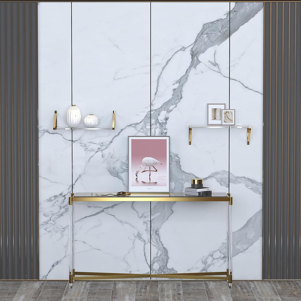 Sturdy Large 25×5.9 inch Thicker 2/5"(10mm) Crystal-Clear Acrylic Gold Shelves for Wall,Gold Floating Shelves,Clear Shelves for Wall Décor, Bathroom,Bedroom Pack of 2