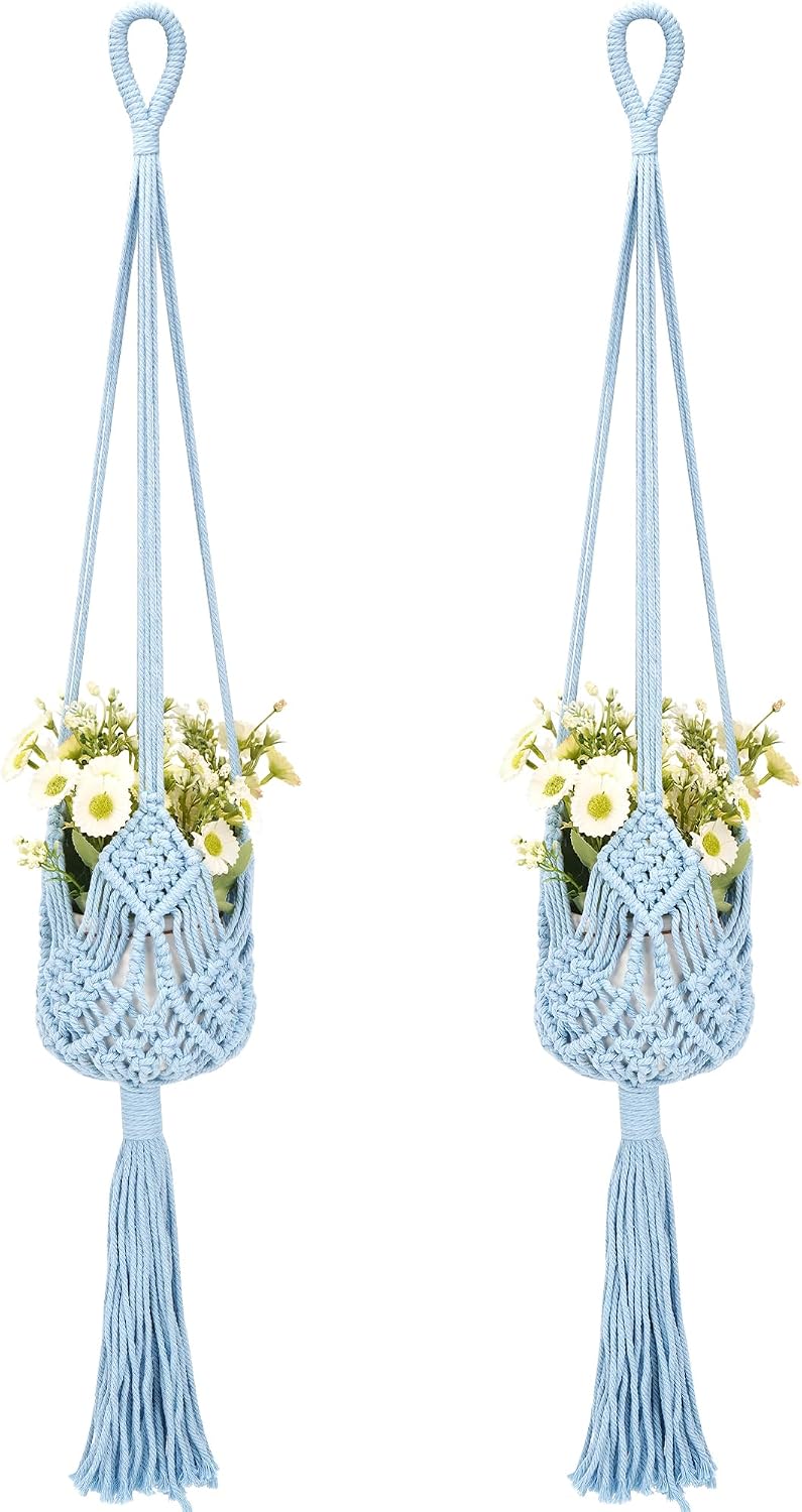 2 Pack Macrame Plant Hangers, 33-Inch Cotton Rope Hanging Planters with Diamond Design, Boho Home Decor for Indoor and Outdoor Use, Blue