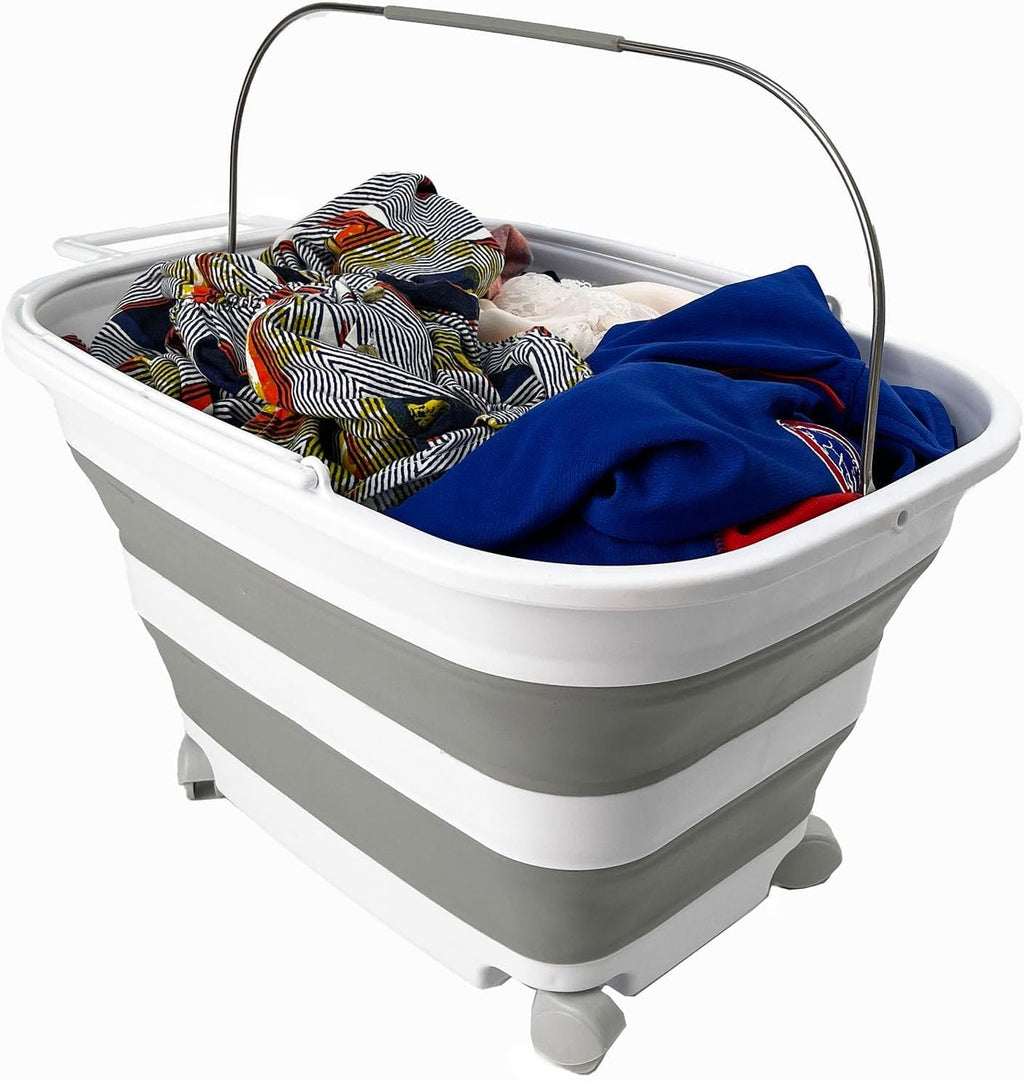 SAMMART 35L (9.24 Gallons) Collapsible Plastic Laundry Basket with Handle and Wheels - Foldable Pop Up Storage Container/Washing Tub - Space Saving (2, White/Grey)