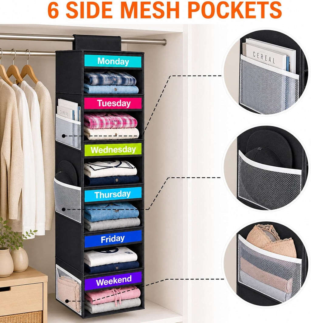 6 Shelf Weekly Clothes Organizer for Kids Days of The Week Outfits(Black)