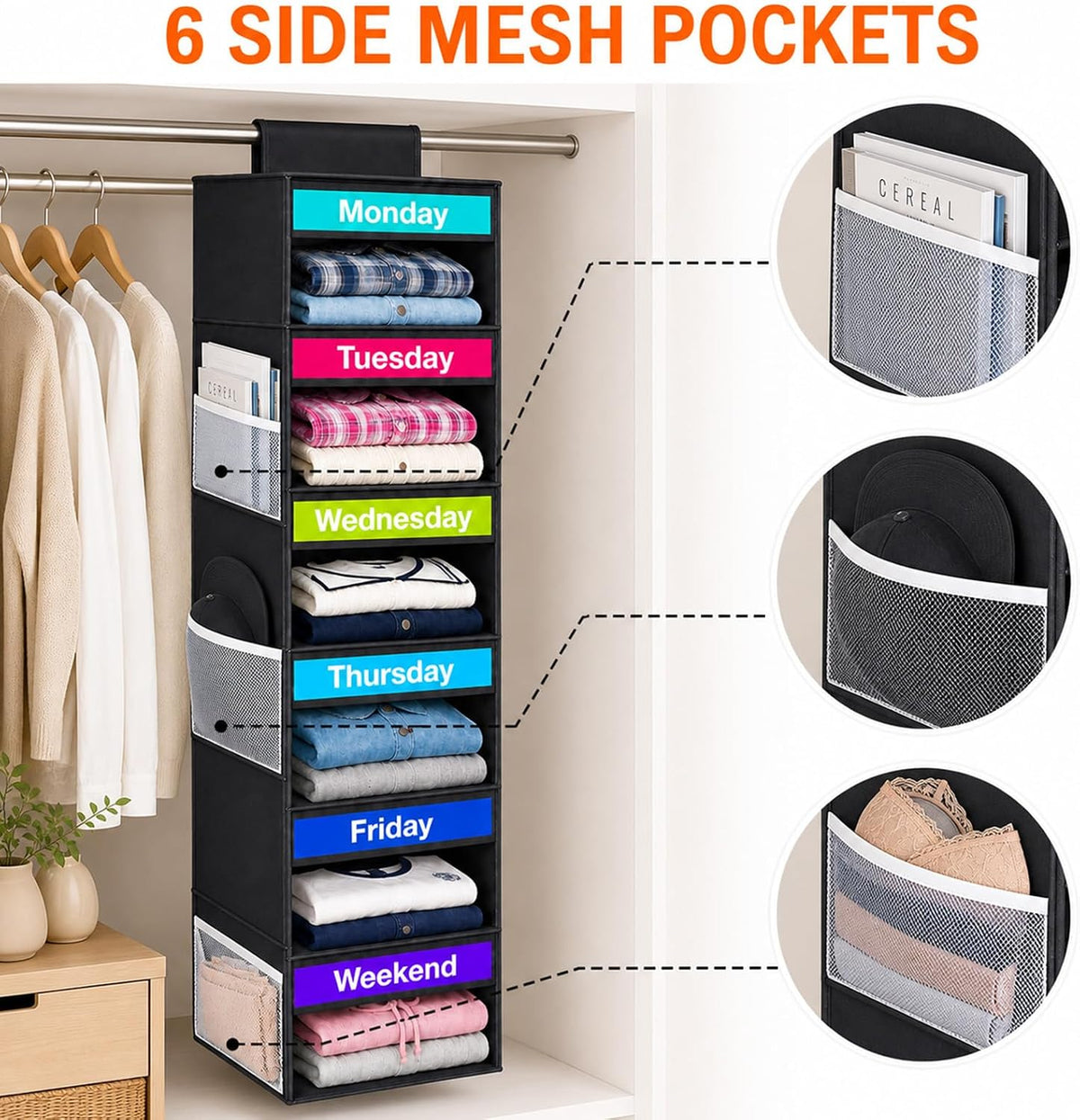 6 Shelf Weekly Clothes Organizer for Kids Days of The Week Outfits(Black)