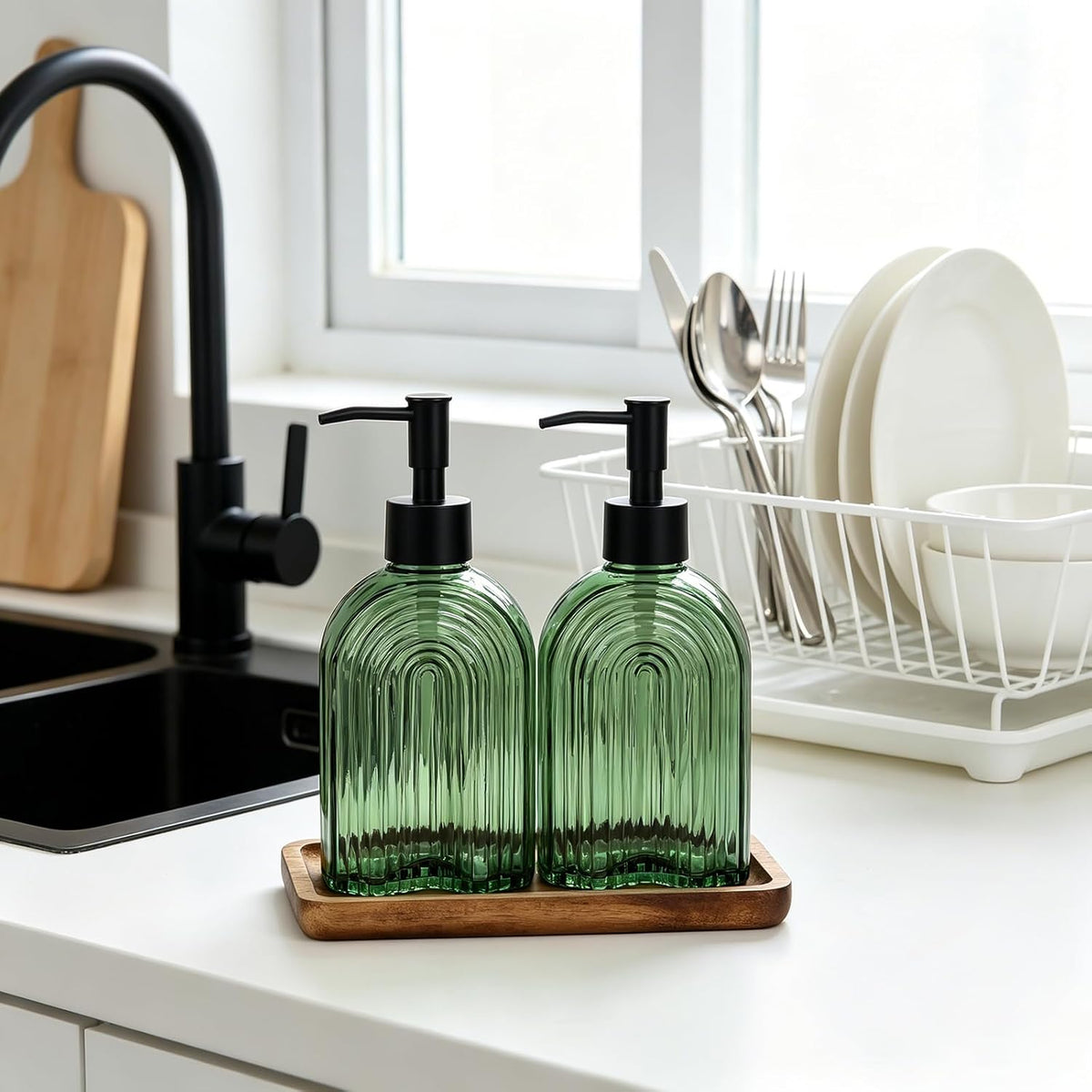 Glass Soap Dispenser Set with Wooden Tray, 11.6Oz Refillable Liquid Modern Soap Dispenser with Plastic Pump for Hand and Dish Set for Bathroom Countertop Decor (Green)