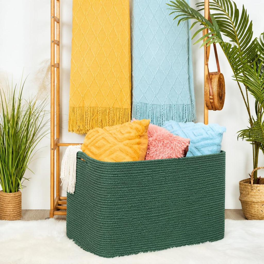 MINTWOOD Design 112L Extra Large Blanket Basket Holder Living Room, 25"x17"x16" Rectangle Rope Woven Storage Basket with Handles for Laundry, Towels, Shoes, Dog Toy Organizer Bin Box, Green