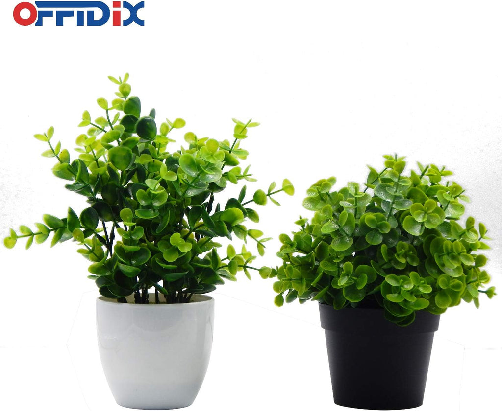 OFFIDIX Artificial Mini Plastic Eucalyptus Potted Plants for Home Office Decoration, Faux Plastic With Black Pots, Fake for Bathroom Decor